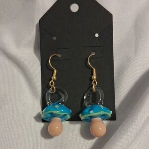 Blue and Beige Glass Mushroom Earrings